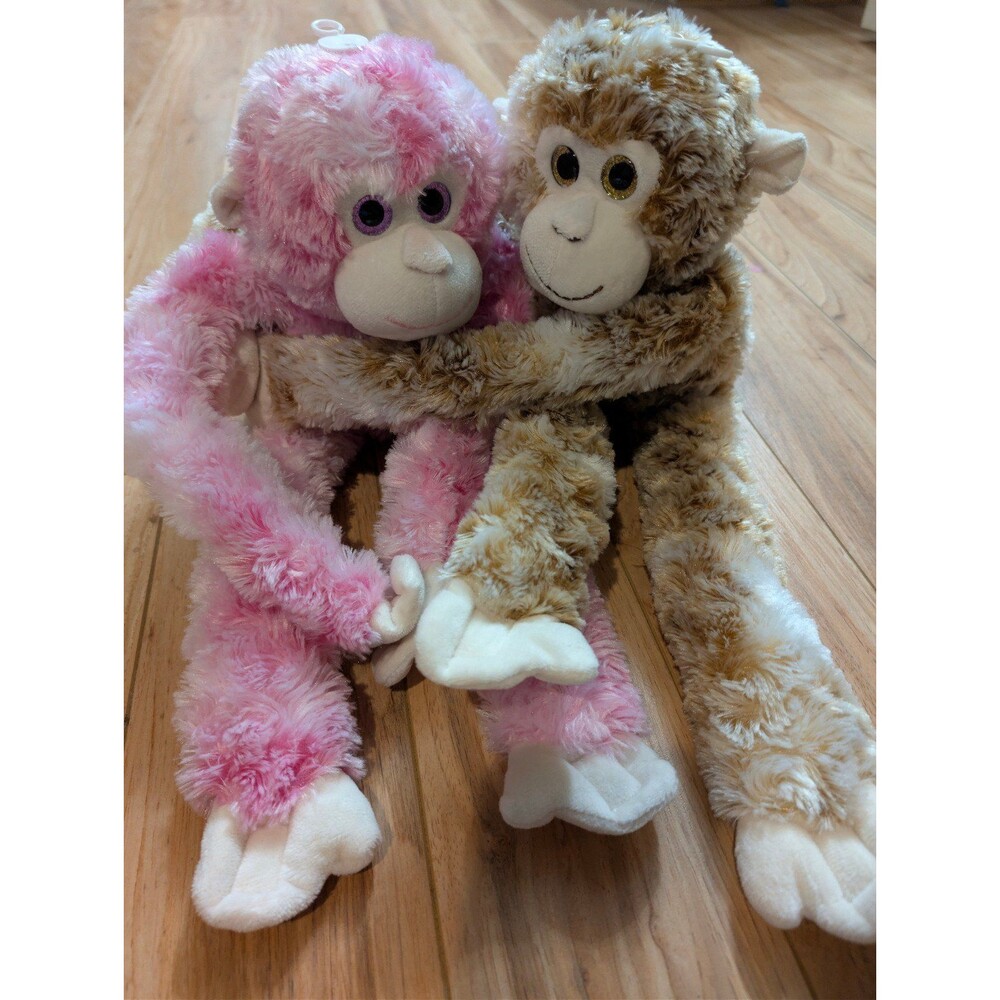 Lot of 2 Hanging Long Arm Plush Monkeys Pink Brown Swirl